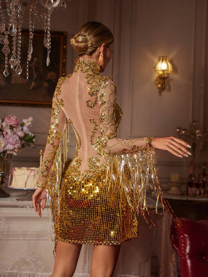 Braychan Embellished Fringe Split Mini Dress In Gold