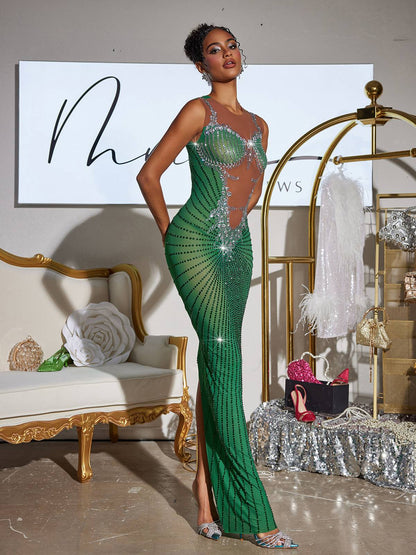 Brody Printed Rhinestone Split Maxi Dress In Green