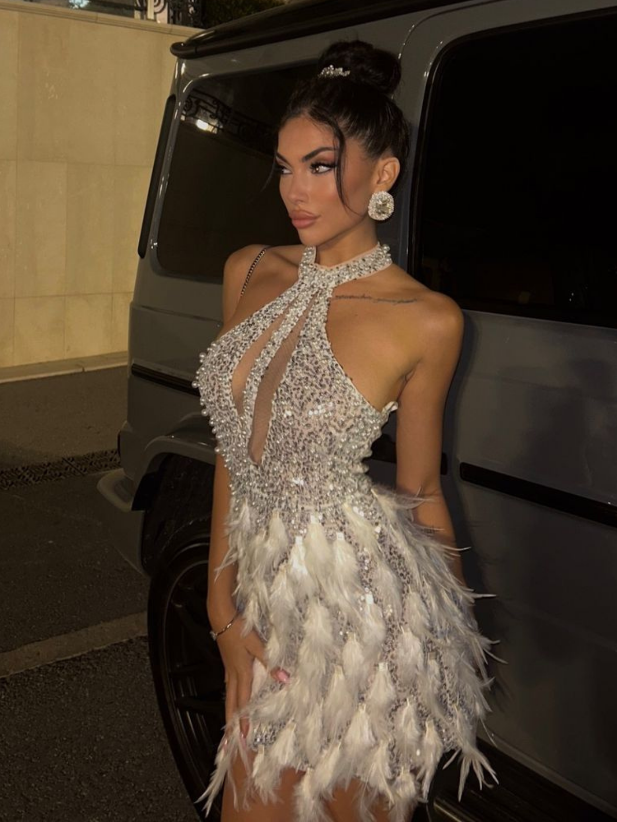 Bronte Halterneck Pearl Sequin Feather Mini Dress