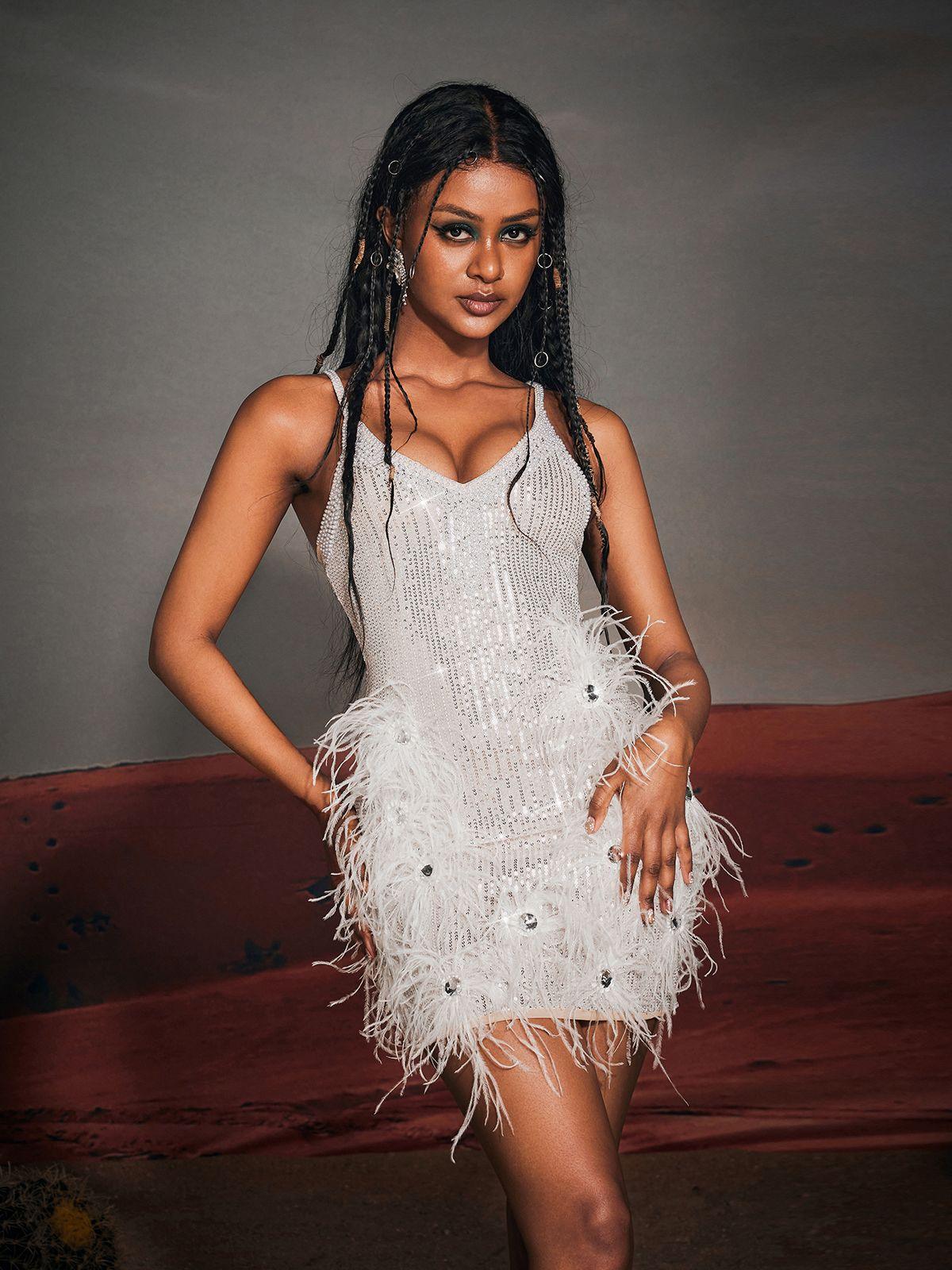 Bronte Pearl Sequin Feather Mini Dress