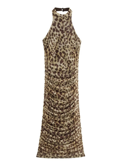Brynthar Backless Leopard Ruched Midi Dress