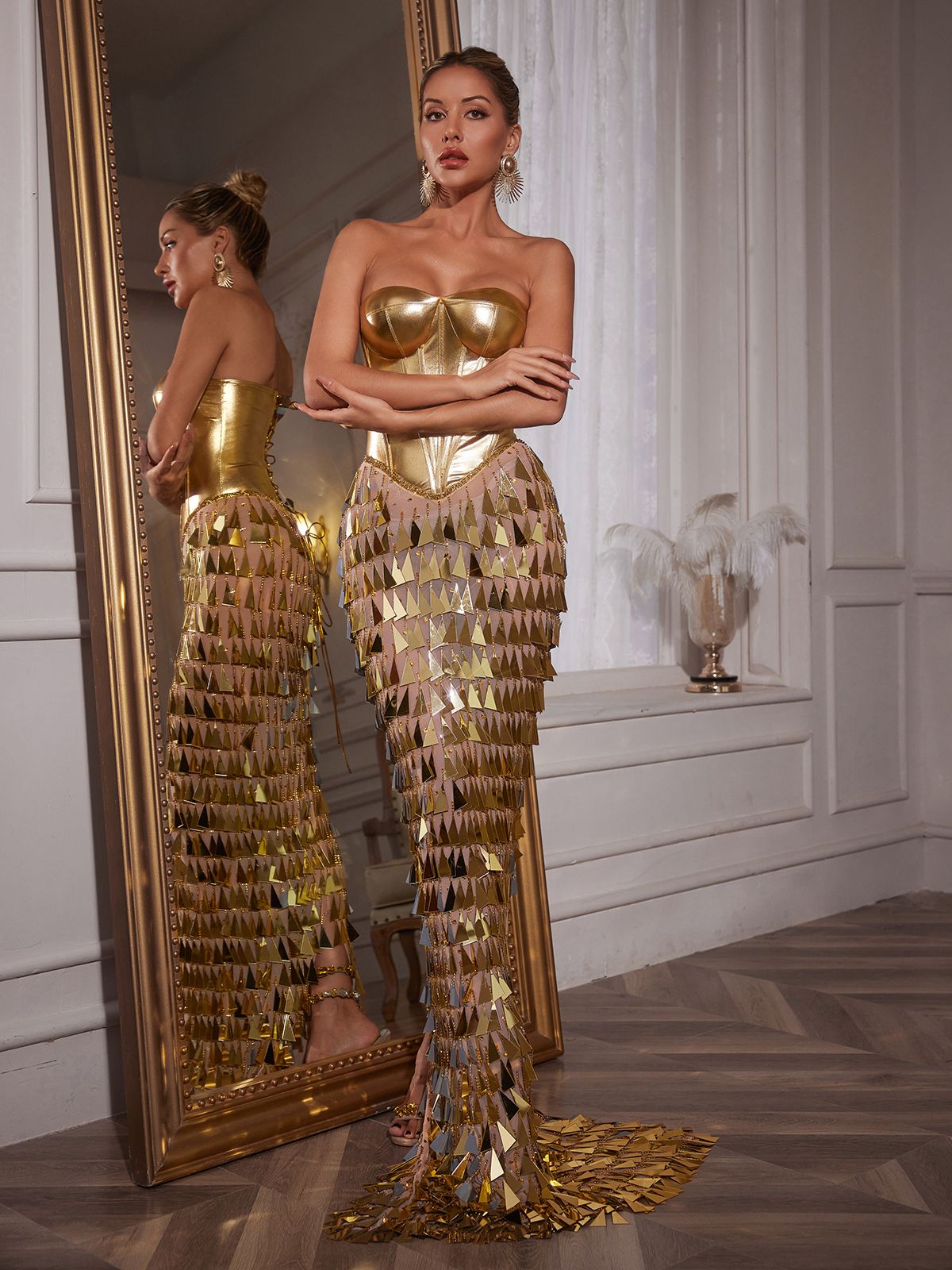 Buck Corset Acrylic Fringe Maxi Dress