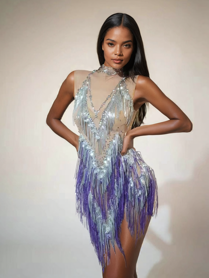 Buggan Rhinestone Fringe Mesh Mini Bodysuit In Purple