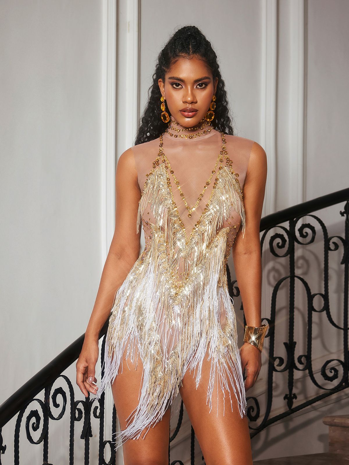 Buggan Rhinestone Fringe Mesh Mini Bodysuit In Gold