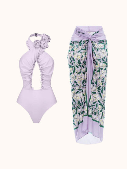 Cally Halterneck Swimwear Two Piece Set In Lilac