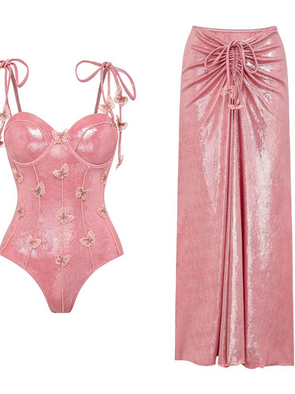 Calypsa Ruched Metallic Swimwear Two Piece Set