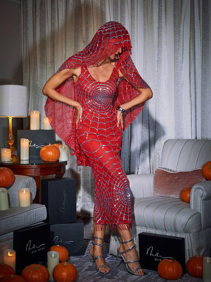 Calyx Scoop Neck Cobweb Sequin Midi Dress In Red