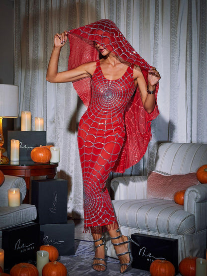 Calyx Scoop Neck Cobweb Sequin Midi Dress In Red