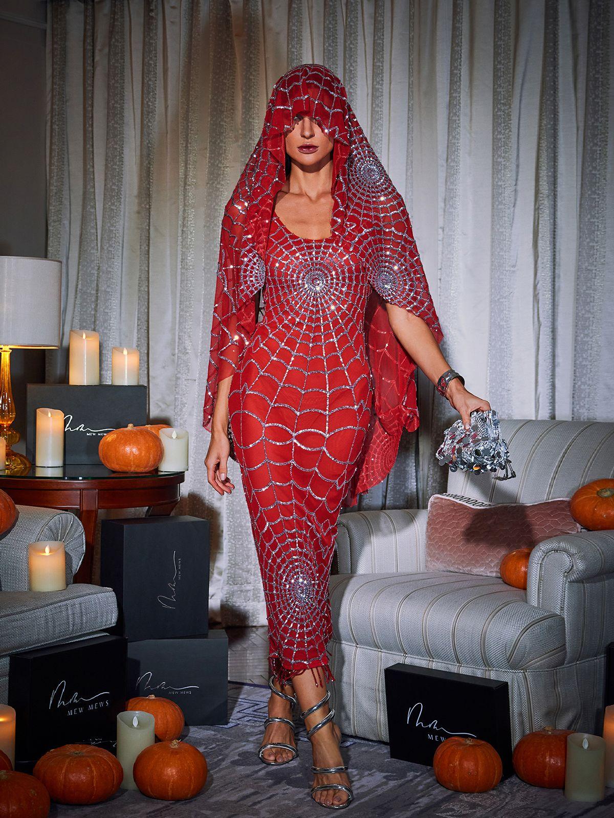 Calyx Scoop Neck Cobweb Sequin Midi Dress In Red