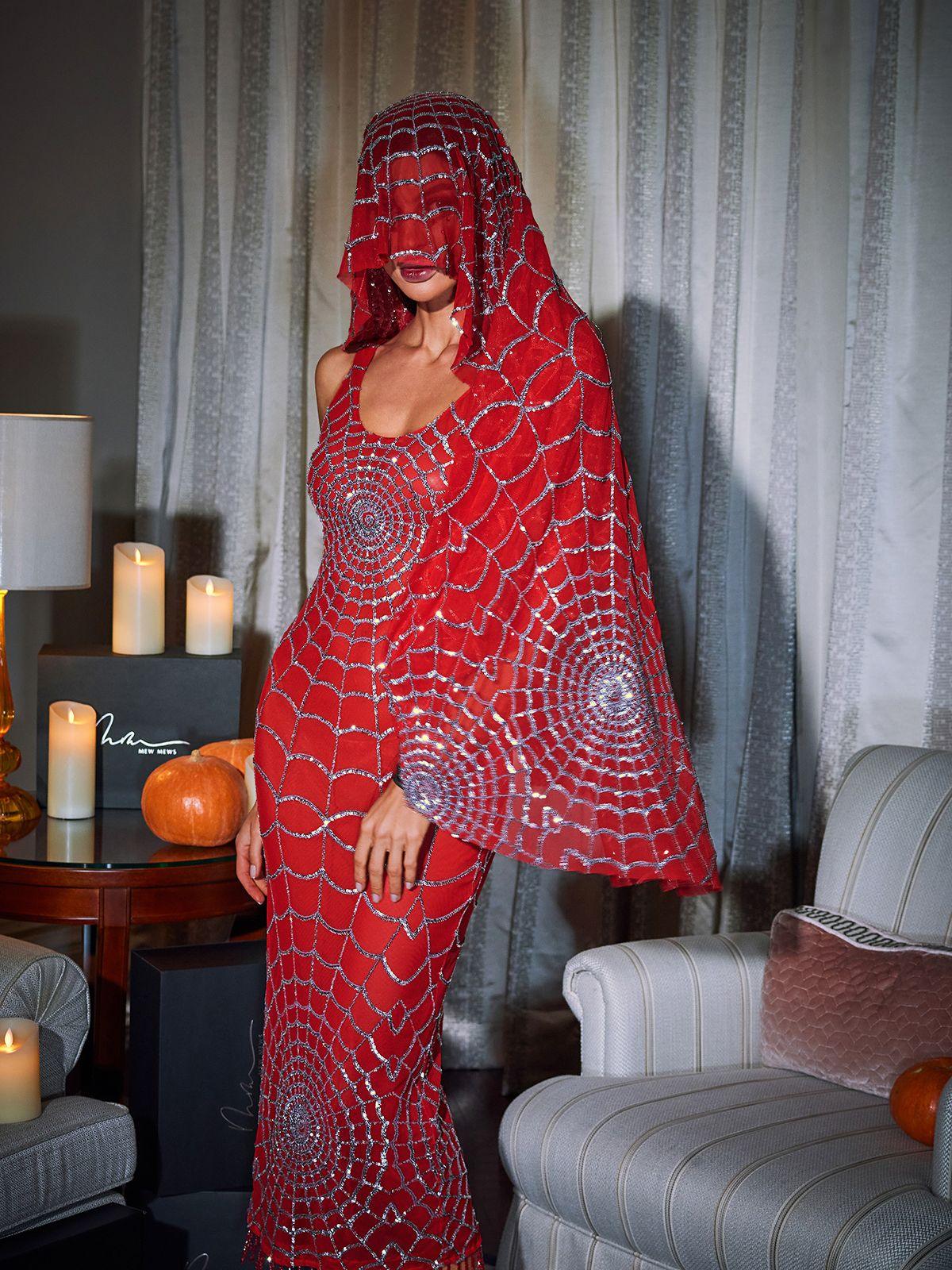 Calyx Scoop Neck Cobweb Sequin Midi Dress In Red