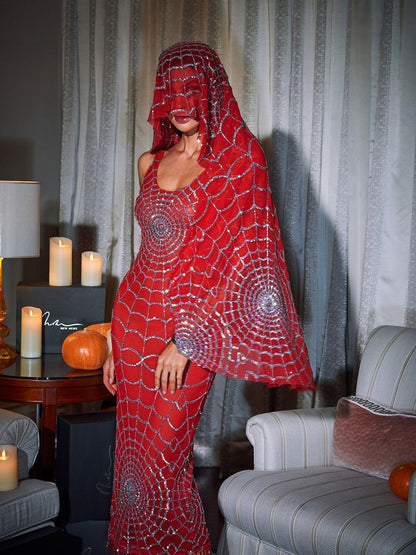 Calyx Scoop Neck Cobweb Sequin Midi Dress In Red