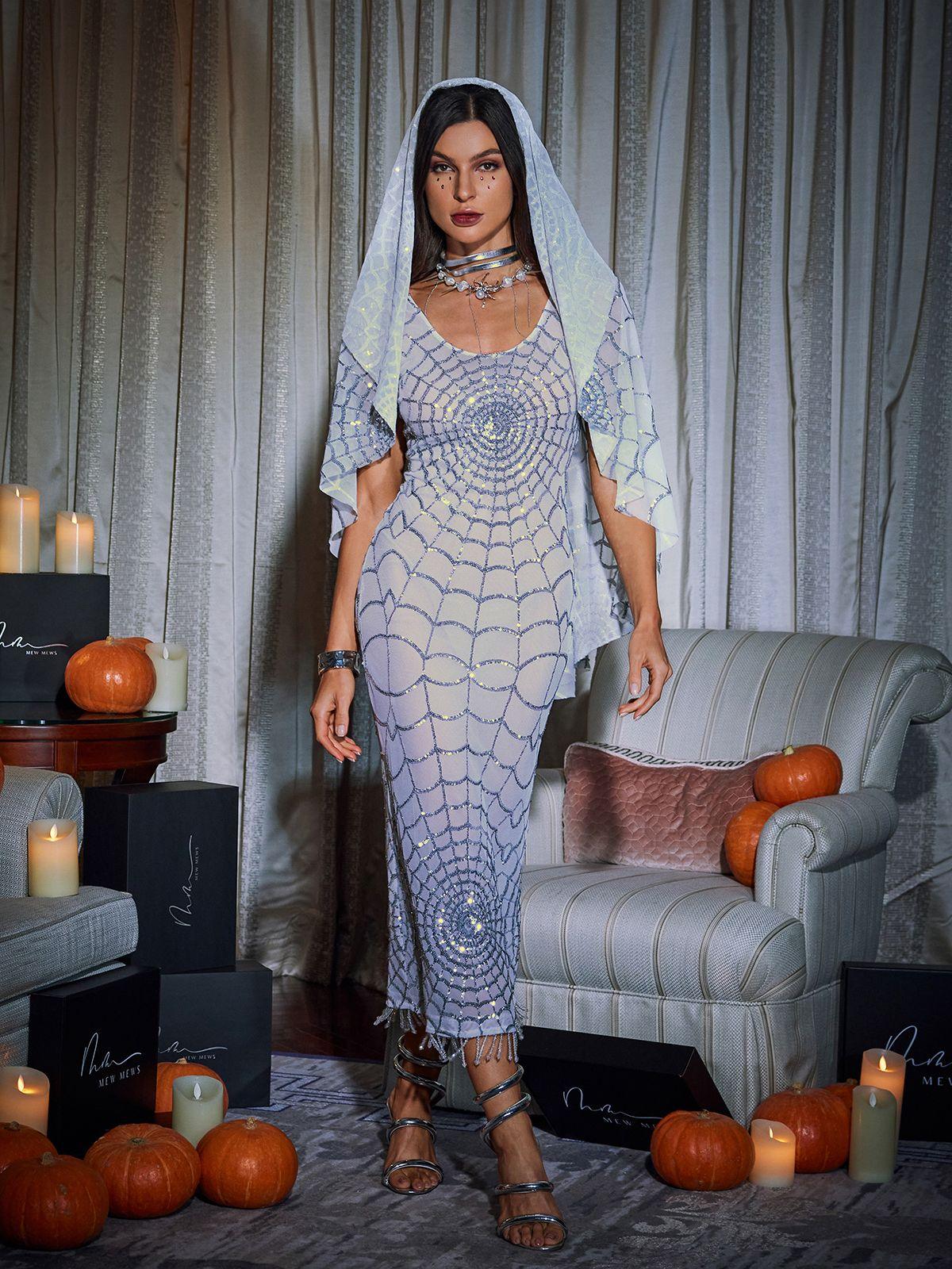 Calyx Scoop Neck Cobweb Sequin Midi Dress In White