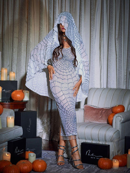 Calyx Scoop Neck Cobweb Sequin Midi Dress In White