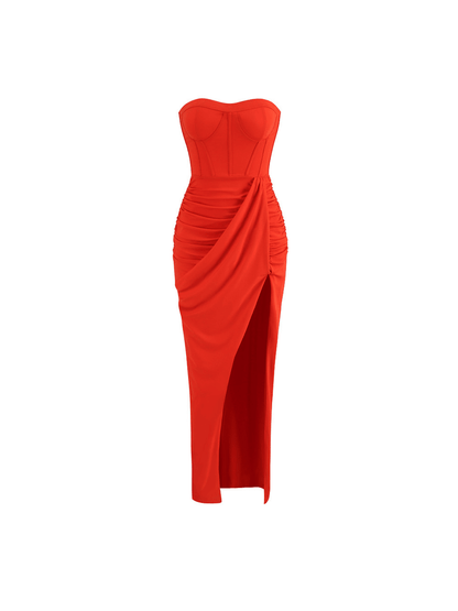 Carew Strapless Ruched Dress In Red