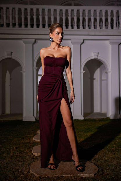 Carew Strapless Ruched Dress In Brown