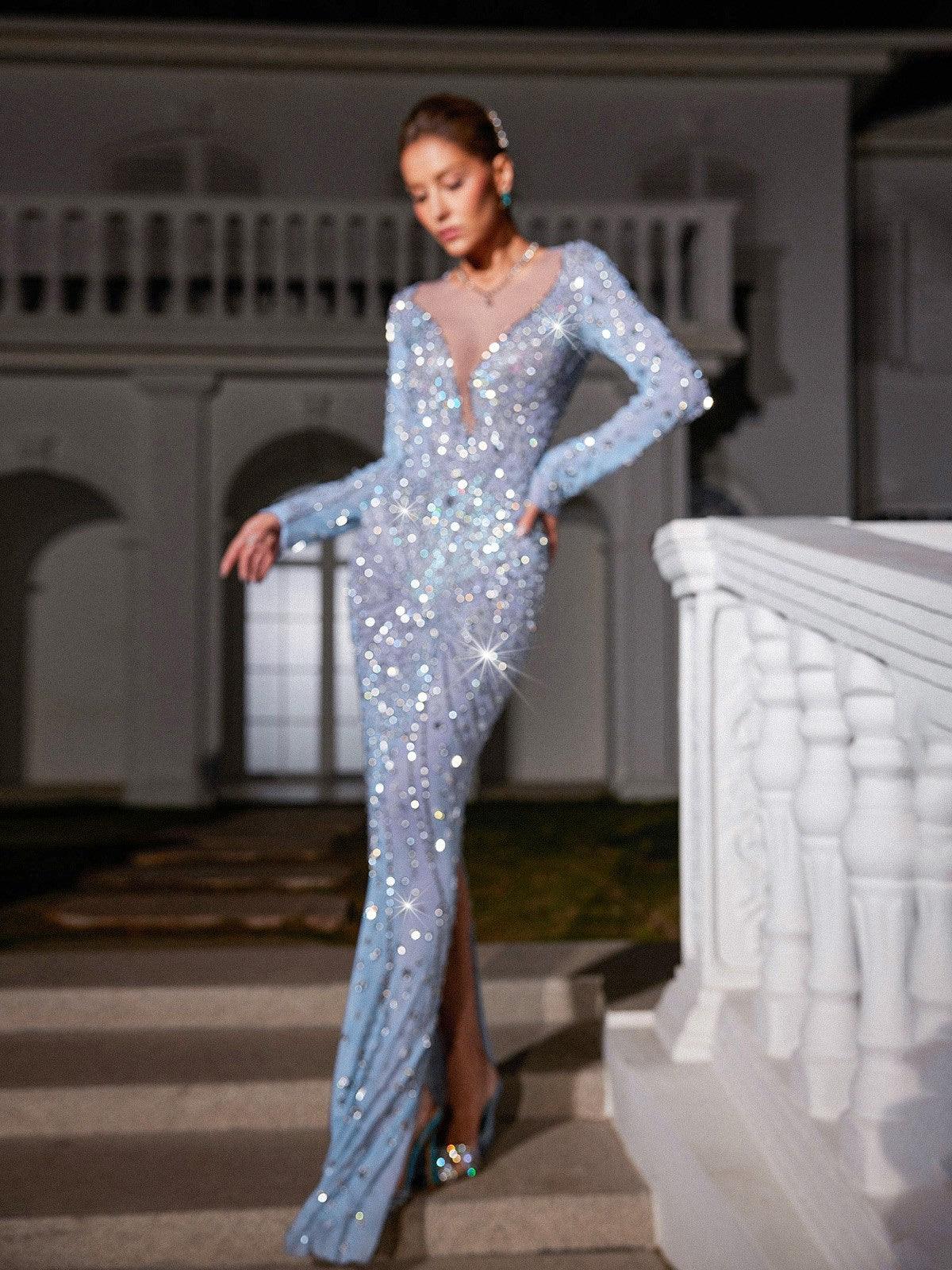 Casey Long Sleeve Rhinestone Mesh Maxi Dress