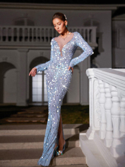 Casey Long Sleeve Rhinestone Mesh Maxi Dress