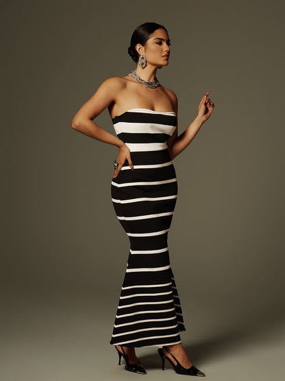 Cathee Strapless Stripe Bandage Maxi Dress