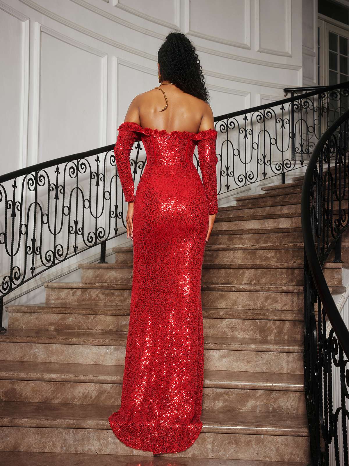 Catherynne Off Shoulder Flower Sequin Maxi Dress