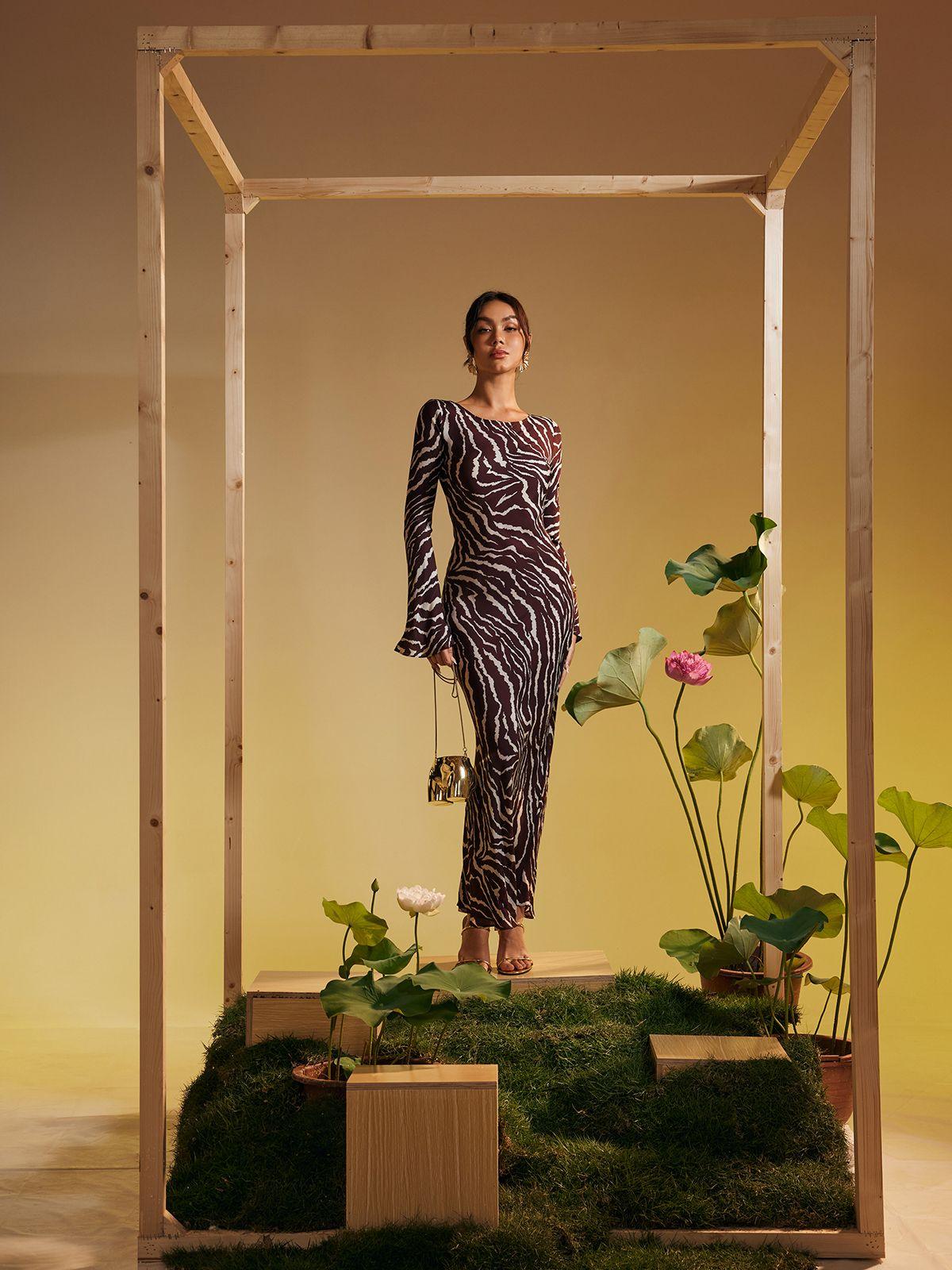 Cecily Long Sleeve Tiger Printed Maxi Dress