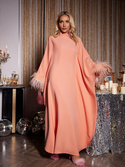 Ceridwen Long Sleeve Feather Maxi Dress In Orange