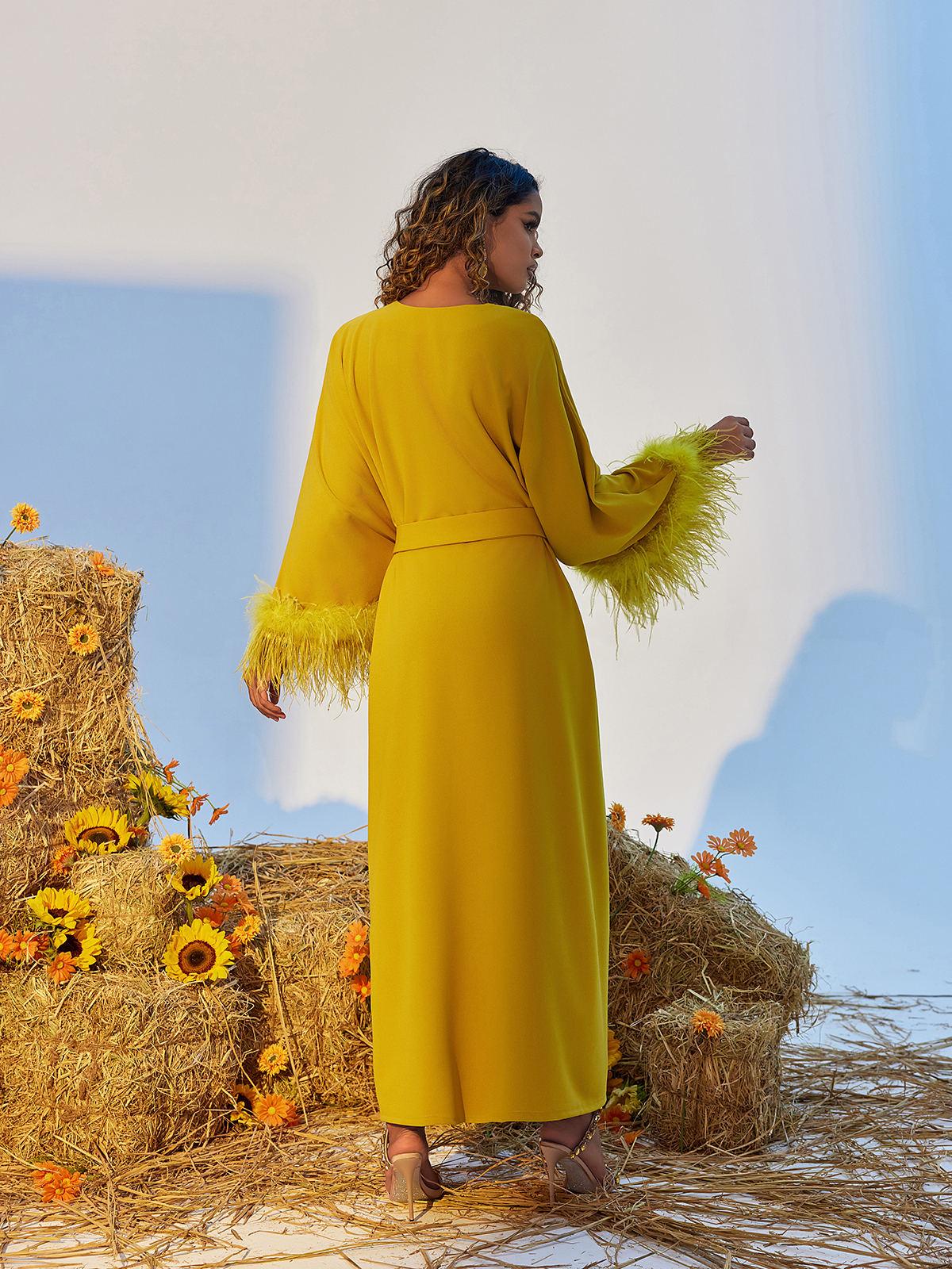 Ceridwen V Neck Feather Trimmed Split Maxi Dress