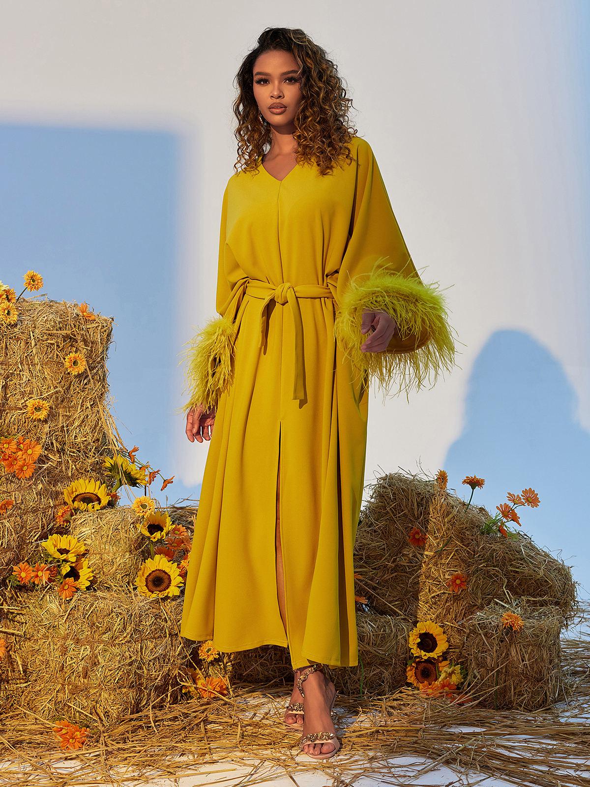 Ceridwen V Neck Feather Trimmed Split Maxi Dress