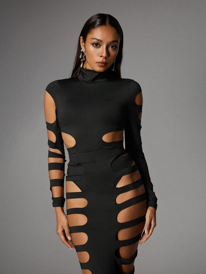 Ceslee Long Sleeve Cutout Skirt Set In Black