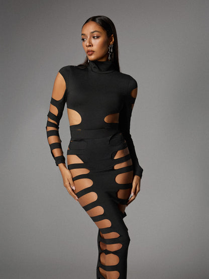 Ceslee Long Sleeve Cutout Skirt Set In Black