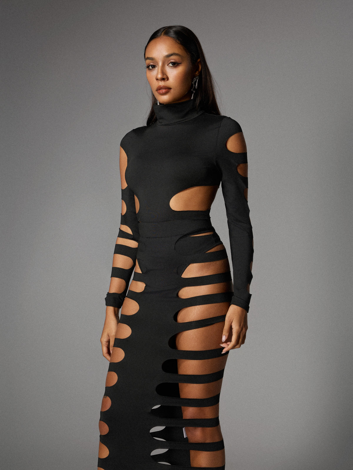 Ceslee Long Sleeve Cutout Skirt Set In Black