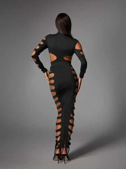 Ceslee Long Sleeve Cutout Skirt Set In Black