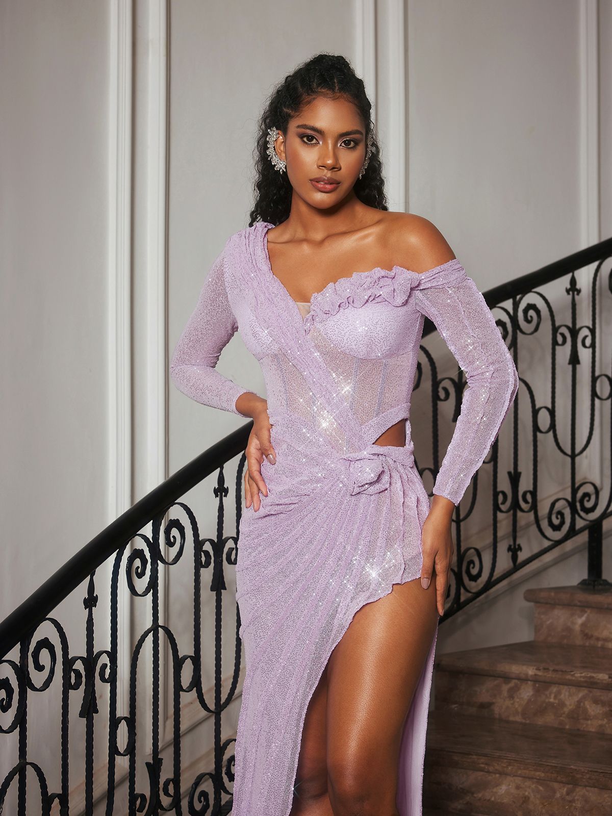 Chaperel Long Sleeve Sequin Split Maxi Dress