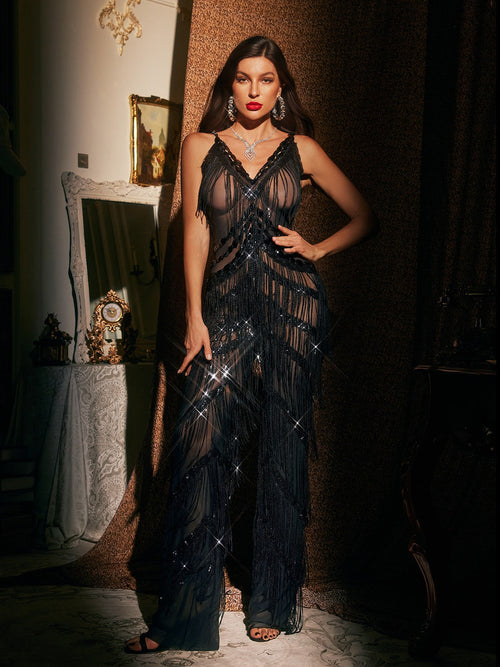Charnita V Neck Rhinestone Fringe Jumpsuit In Black
