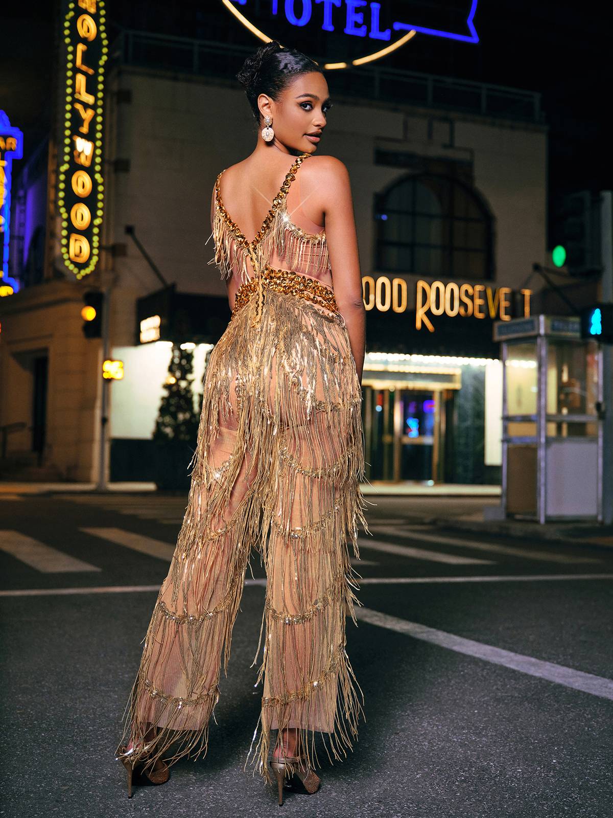 Charnita V Neck Rhinestone Fringe Jumpsuit