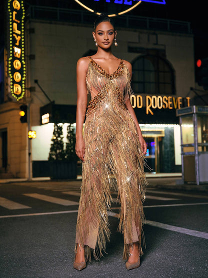 Charnita V Neck Rhinestone Fringe Jumpsuit