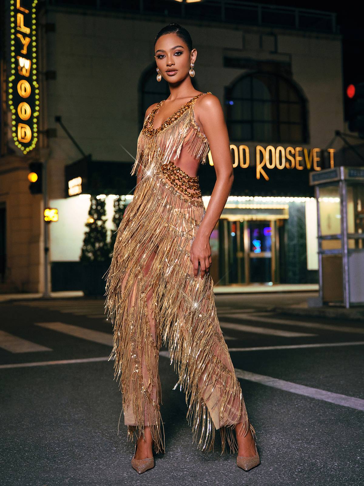 Charnita V Neck Rhinestone Fringe Jumpsuit