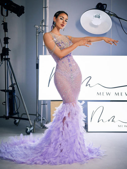 Chaviv Rhinestone Feather Maxi Dress