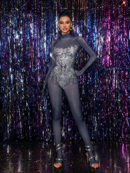Chesten Long Sleeve Rhinestone Embellished Jumpsuit