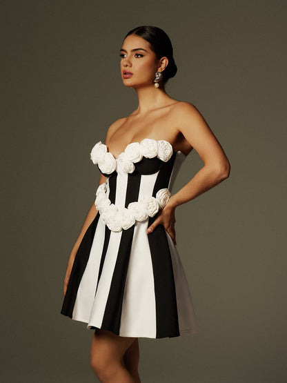 Chiyeko Strapless Flower Stripe Bandage Mini Dress