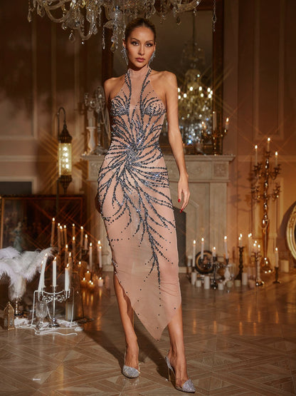 Christene High Neck Rhinestone Dress In Grey