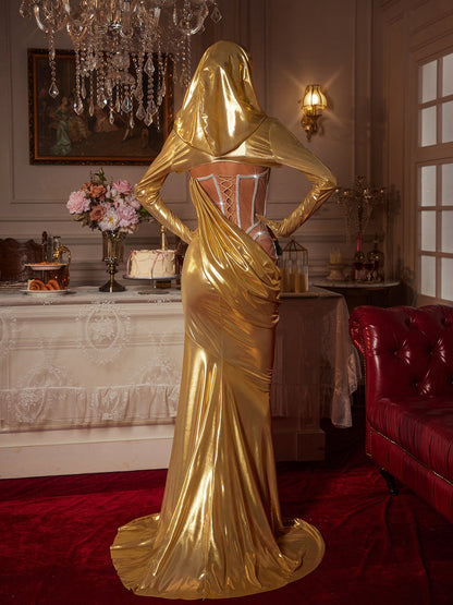 Cimberleigh Long Sleeve Hooded Ruched Maxi Dress In Gold