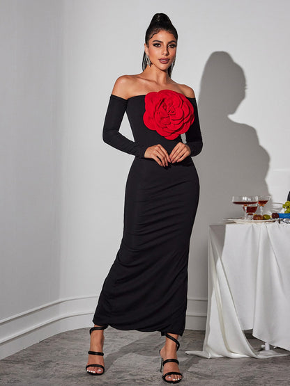 Claus Off Shoulder Red Flower Maxi Dress