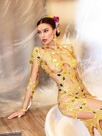 Cocona Square Hollow Embellished Dress In Gold
