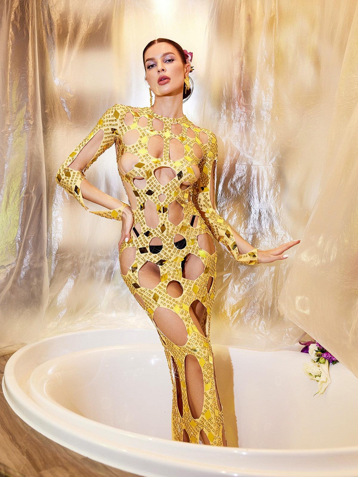 Cocona Square Hollow Embellished Dress In Gold