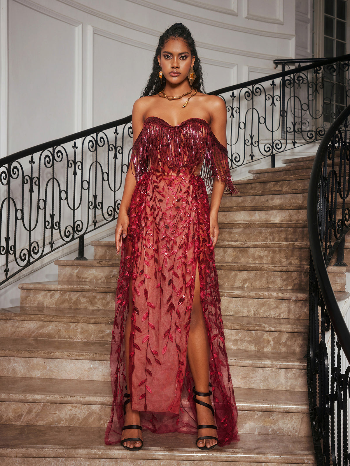 Codruta Strapless Leafy Fringe Maxi Dress In Wine