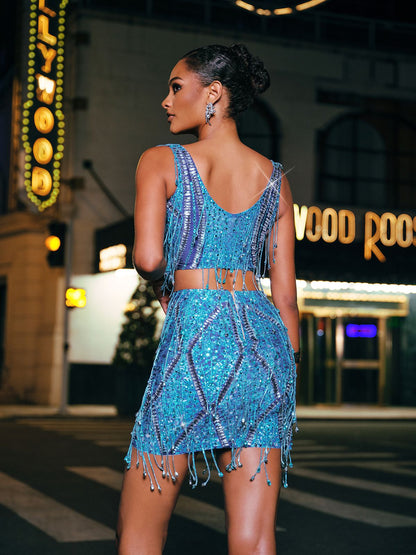 Colette Crystal Chain Fringe Split Skirt Set In Blue