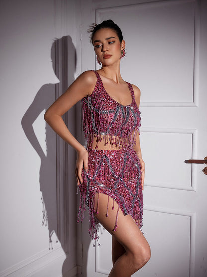 Colette Crystal Chain Fringe Split Skirt Set In Pink