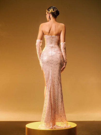 Coralyn Strapless Rhinestone Split Maxi Dress