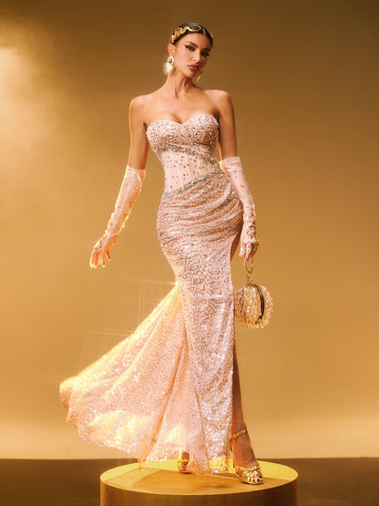 Coralyn Strapless Rhinestone Split Maxi Dress