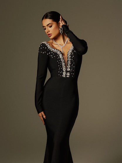 Cayla V Neck Rhinestone Bandage Maxi Dress